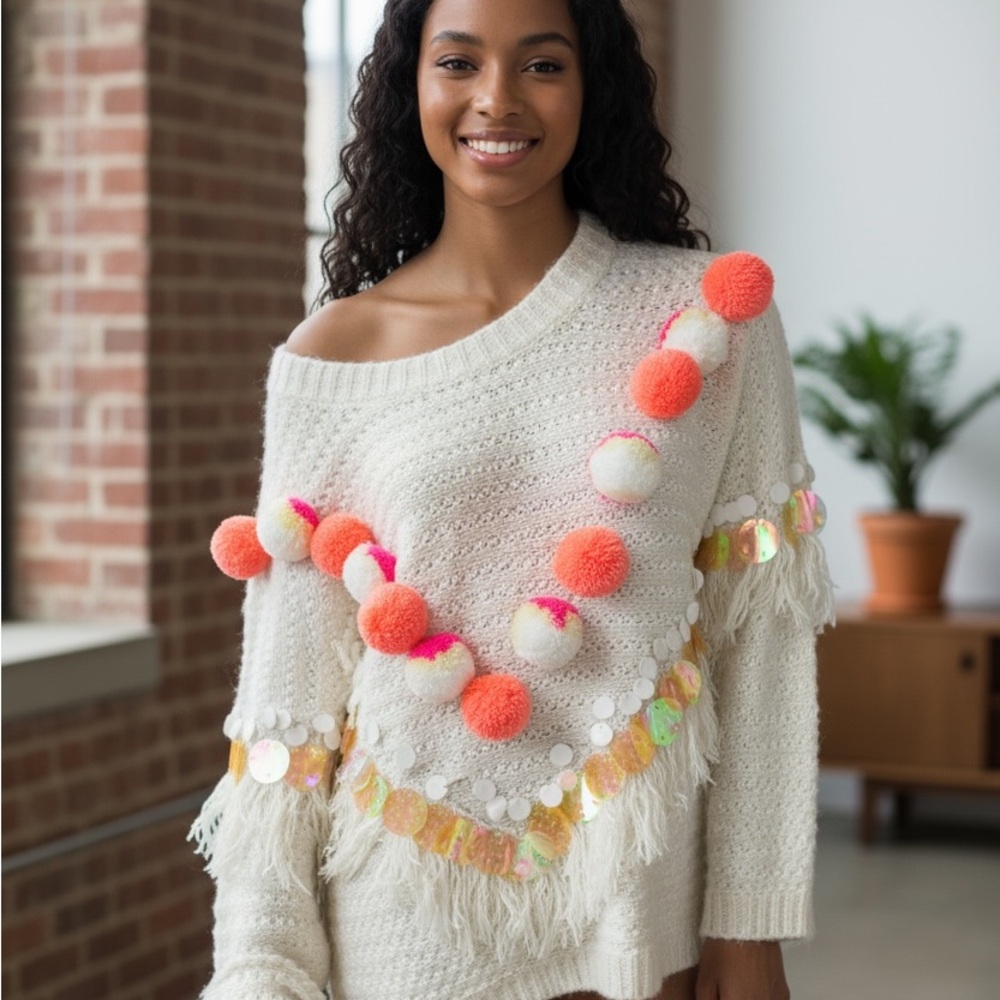 ASOS Cream Off-Shoulder Sweater with Orange Pom Poms